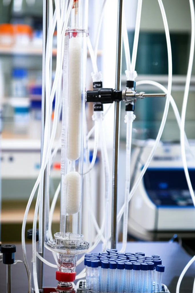Fotografia realistica di un sistema di cromatografia liquida in un laboratorio di biochimica, con una colonna di vetro trasparente riempita di resina bianca (DEAE-Sepharose o Sephadex), tubi collegati e un raccoglitore di frazioni con provette. Obiettivo 50mm, profondità di campo che mette a fuoco la colonna, illuminazione da laboratorio pulita e brillante.