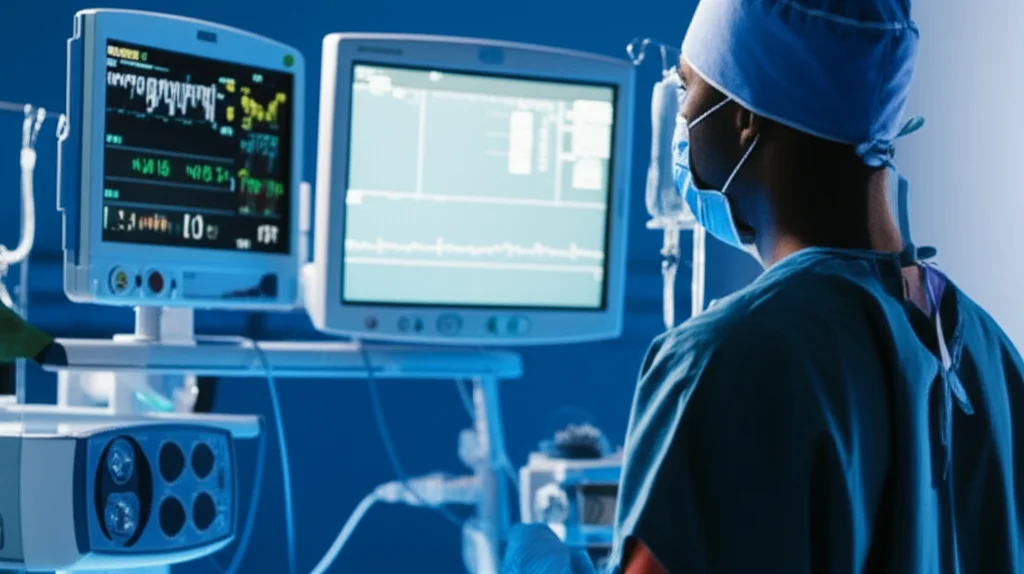 Medico in terapia intensiva che controlla i parametri vitali di un paziente intubato su un monitor, luce soffusa tipica della notte in ICU, obiettivo 35mm, focus sui dati del monitor che indicano stabilità.