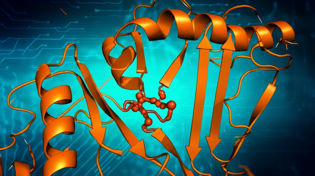 Visualizzazione 3D fotorealistica e scientificamente accurata della struttura proteica dell'enzima tirosinasi, con le catene polipeptidiche mostrate come nastri colorati. In evidenza il sito attivo con i due atomi di rame (sfere color rame/arancio) legati da residui di istidina. Sfondo astratto high-tech blu scuro.