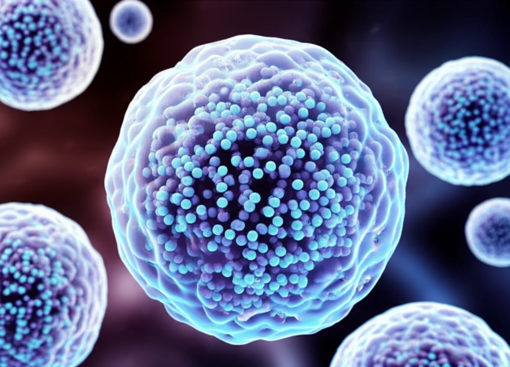 Illustrazione 3D fotorealistica di molecole di mRNA di SDF-1α incapsulate all'interno di nanoparticelle lipidiche (LNP) sferiche. Le LNP fluttuano in un ambiente extracellulare vicino a cellule endoteliali. Obiettivo macro 85mm, illuminazione controllata per evidenziare la struttura delle LNP e l'mRNA all'interno, alta definizione, sfondo sfocato (profondità di campo).