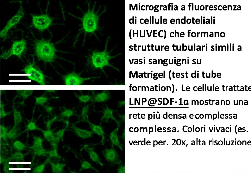 Micrografia a fluorescenza di cellule endoteliali (HUVEC) che formano strutture tubulari simili a vasi sanguigni su Matrigel (test di tube formation). Le cellule trattate con LNP@SDF-1α mostrano una rete più densa e complessa. Colori vivaci (es. verde per le cellule), obiettivo 20x, alta risoluzione.