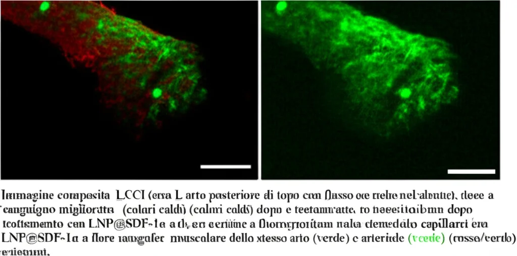 Immagine composita che mostra a sinistra una scansione LSCI di un arto posteriore di topo con flusso sanguigno migliorato (colori caldi) dopo trattamento con LNP@SDF-1α, e a destra una micrografia a fluorescenza di una sezione muscolare dello stesso arto che mostra un'alta densità di capillari (verde) e arteriole (rosso/verde). Stile fotorealistico, alta definizione, obiettivo macro 60mm per l'arto, obiettivo microscopio 40x per la sezione.