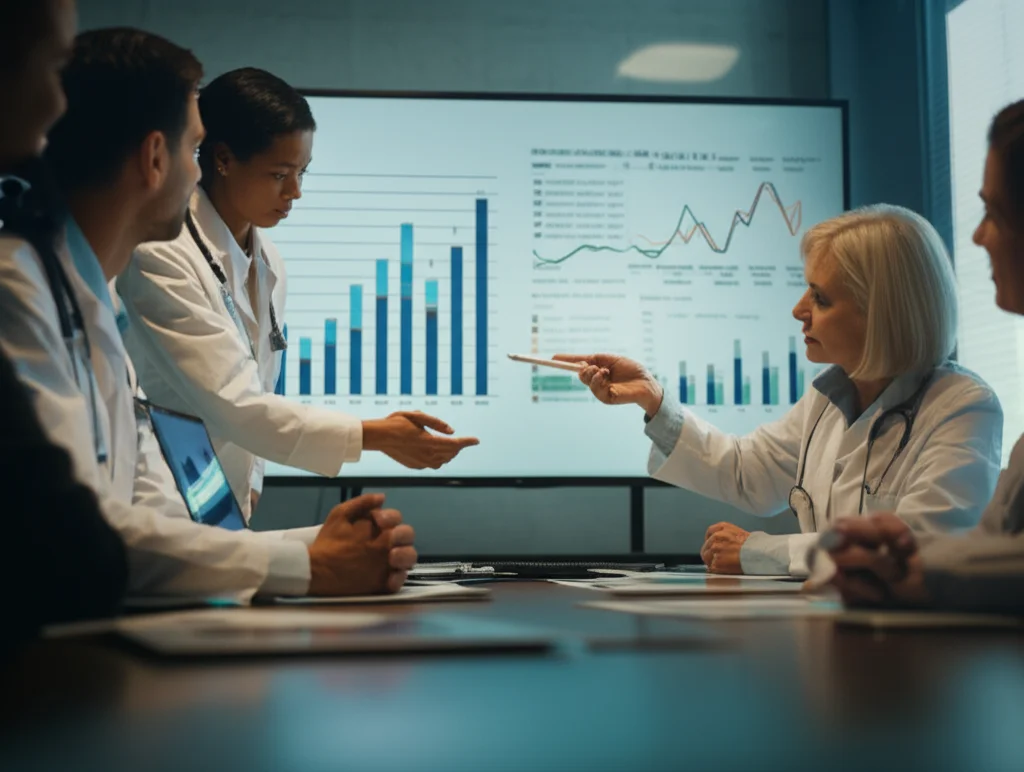 Fotografia realistica di un gruppo eterogeneo di ricercatori e medici, uomini e donne di diverse età ed etnie, riuniti attorno a un tavolo in una sala conferenze moderna e luminosa. Stanno discutendo animatamente, indicando grafici e dati su un grande schermo digitale che mostra diagrammi a barre e linee di tendenza relativi a dati clinici. L'atmosfera è collaborativa e concentrata. Obiettivo prime 35mm, profondità di campo che sfoca leggermente lo sfondo, illuminazione controllata e naturale dalla finestra.