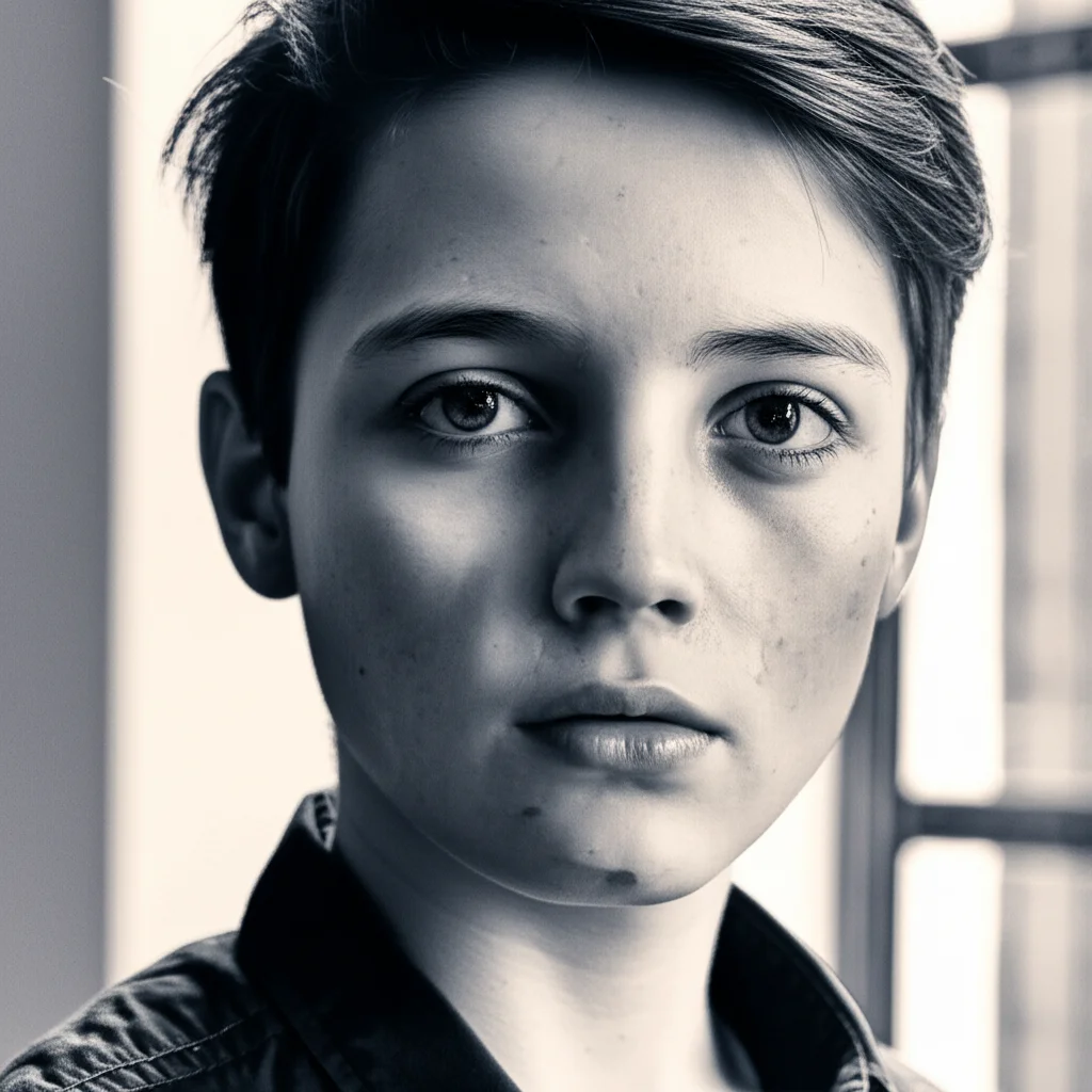 Primo piano fotorealistico del volto di un paziente adolescente con segni lievi di displasia fibrosa craniofacciale asimmetrica, visto di tre quarti. Lo sguardo è pensieroso ma speranzoso. L'illuminazione è morbida, proveniente da una finestra laterale, creando ombre delicate. Dettaglio elevato sulla texture della pelle. Obiettivo prime 50mm, profondità di campo ridotta che isola il soggetto dallo sfondo neutro e sfocato. Tonalità duotone seppia e grigio per un effetto intimo.