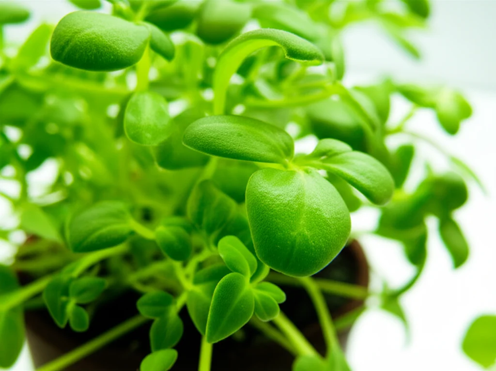 Macro fotografia di una rosetta di Arabidopsis thaliana in crescita, lente macro 90mm, alta definizione, illuminazione controllata in camera di crescita, focus preciso sulle foglie verdi brillanti che mostrano la vitalità della pianta modello.