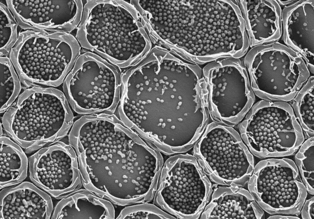 Microscopia elettronica a scansione ad alta definizione che mostra dettagliatamente granuli di amido accumulati all'interno delle cellule del cloroplasto di una foglia di Arabidopsis, illuminazione scientifica per evidenziare la struttura.