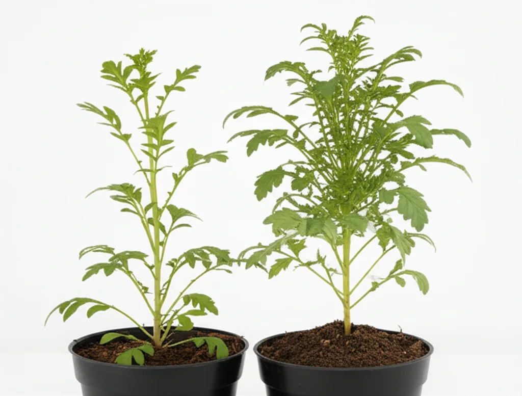 Fotografia comparativa in stile still life scientifico: due piante di Arabidopsis affiancate, una wild-type di dimensioni normali e una mutante tps10-2 visibilmente più grande. Lente prime 35mm, profondità di campo controllata, illuminazione da laboratorio che evidenzia le differenze morfologiche.