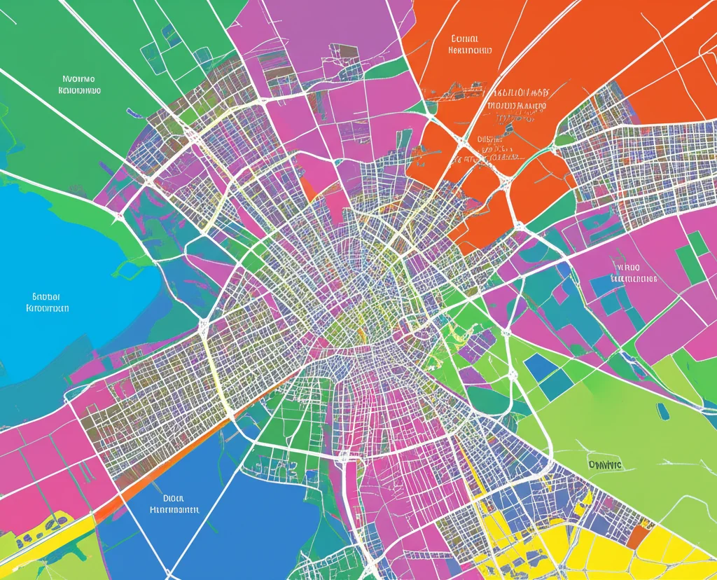 Mappa stilizzata che mostra la segmentazione spaziale del mercato immobiliare di Madrid, con diverse aree colorate che rappresentano i sottomercati identificati dall'analisi delle agenzie immobiliari. Fotografia grandangolare 10mm, messa a fuoco nitida, visualizzazione dati sovrapposta.