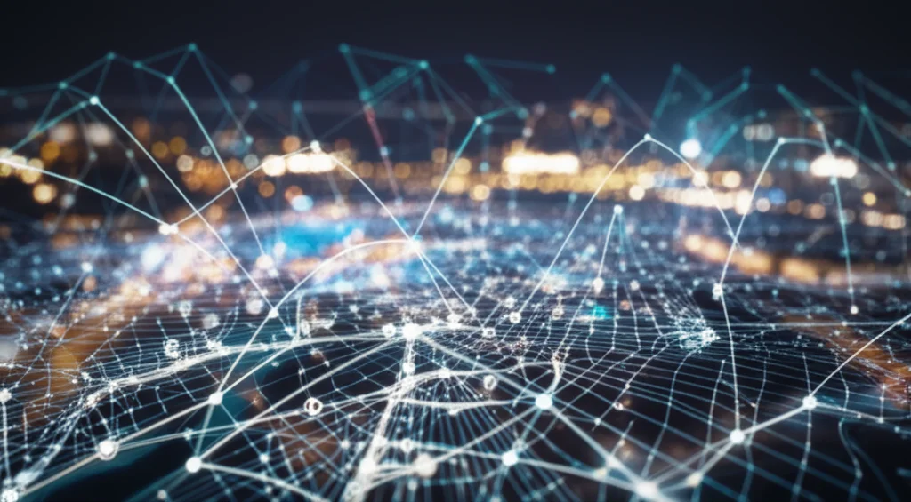 Visualizzazione astratta di una rete complessa di dati immobiliari, con nodi luminosi e connessioni su uno sfondo sfocato che suggerisce una mappa urbana di Parigi. Lente macro 100mm, alta definizione, illuminazione controllata, profondità di campo.