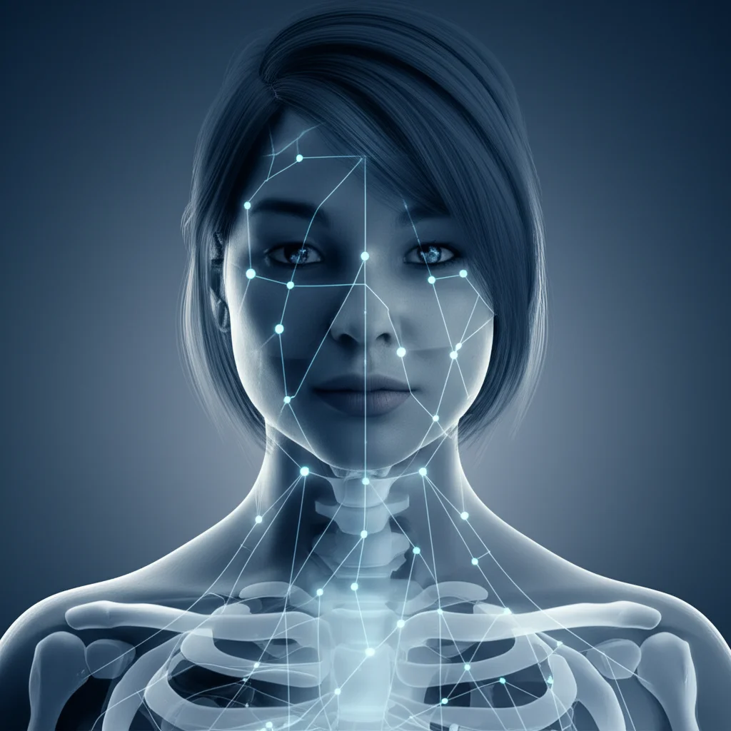 Ritratto fotorealistico di una persona dall'espressione pensierosa, con una sovrapposizione trasparente di reti neurali stilizzate che collegano il cervello all'area addominale. Obiettivo da ritratto 35mm, profondità di campo ridotta per focalizzare sul soggetto, toni bicromatici blu e grigio per un'atmosfera riflessiva.