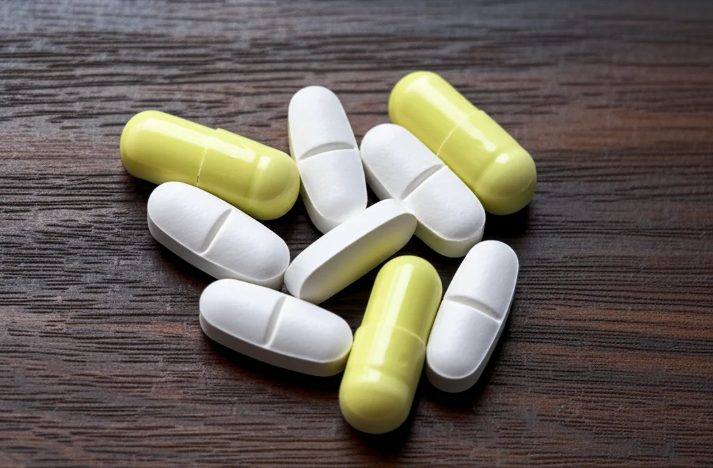 Primo piano di diverse pillole antiretrovirali colorate sparse su un tavolo di legno scuro, illuminazione controllata, obiettivo macro 90mm, alta definizione per mostrare la texture delle pillole.