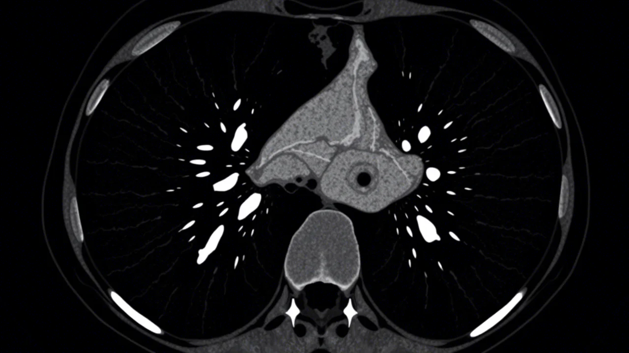 Immagine TAC del torace che mostra una massa nel lobo inferiore destro e linfonodi ingrossati, immagine medica ad alta risoluzione, scala di grigi, illuminazione standard per radiologia.