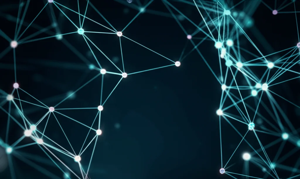 Visualizzazione astratta di complesse reti di interazione proteica, nodi e percorsi interconnessi luminosi su sfondo scuro, che rappresentano l'analisi dei dati proteomici, alto dettaglio.