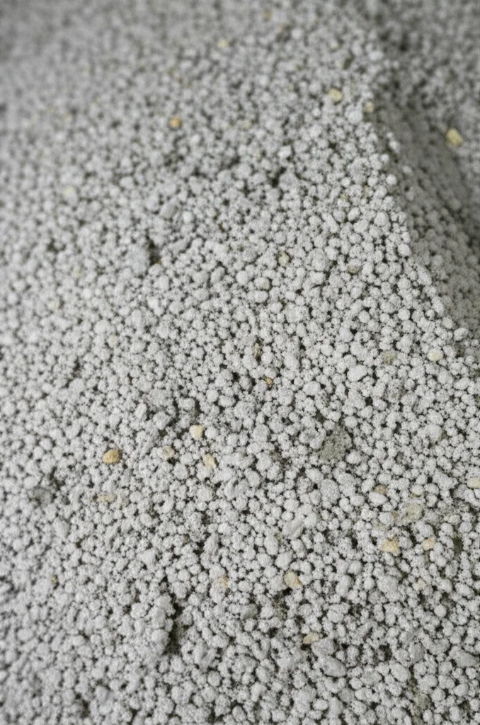 Primo piano macro di un campione di calcestruzzo ecologico appena miscelato, illuminazione controllata, alta definizione, 100mm Macro lens, che mostra diverse granulometrie di aggregati riciclati e leganti alternativi.