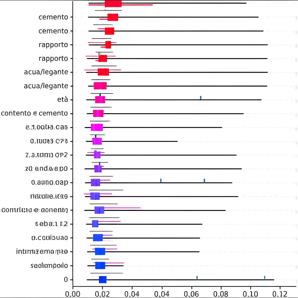 Grafico SHAP che illustra l'impatto positivo e negativo delle diverse variabili (contenuto di cemento, rapporto acqua/legante, età) sulla resistenza a compressione prevista da un modello AI, visualizzazione scientifica.
