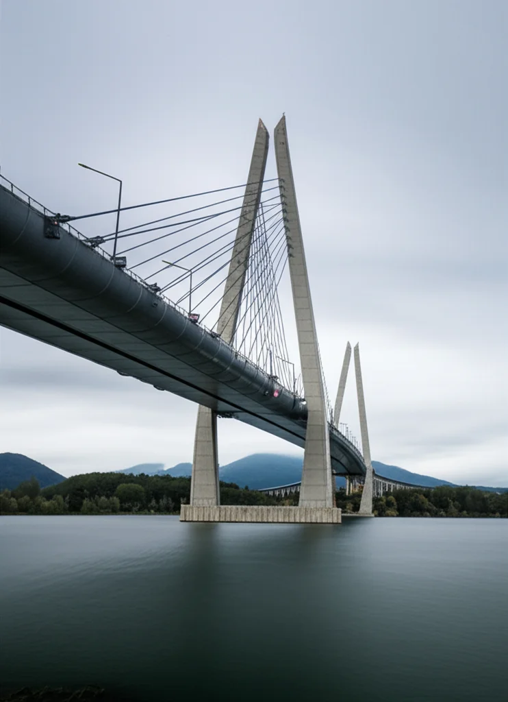 Fotografia grandangolare 15mm di un moderno ponte in costruzione realizzato con calcestruzzo a basso impatto ambientale, cielo nuvoloso con effetto seta (lunga esposizione), focus nitido sulla struttura innovativa.