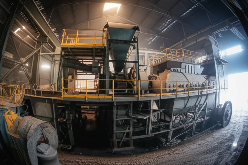 Scatto interno di un impianto di mining artigianale in Ecuador, lenti Prime da 35 mm, concentrandosi su un minerale di elaborazione di macinazione operativa di grande e operativo, profondità di campo che offusca lo sfondo, catturando l'atmosfera industriale e l'intensità energetica del processo di macinazione.