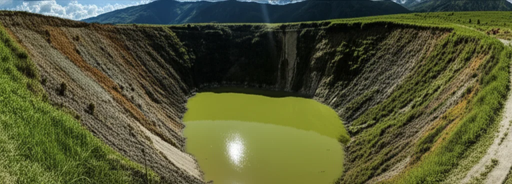 A grandangola ampia paesaggio, lente da 20 mm, che mostra uno stagno di sterili vicino a una miniera artigianale nella regione di Zaruma-Portovelo, Ecuador, contrastando la terra disturbata con l'ambiente verde naturale circostante, focus acuto, illuminazione per il giorno invertito, evidenziando un impatto ambientale.