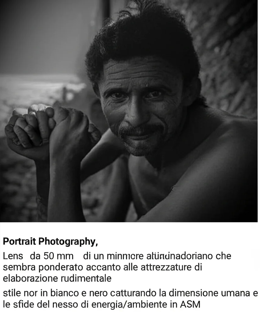 Portrait Photography, Lens Lens da 50 mm, di un minatore artigianale ecuadoriano che sembra ponderato accanto alle attrezzature di elaborazione rudimentale, stile noir in bianco e nero, catturando la dimensione umana e le sfide del nesso di energia/ambiente in ASM.