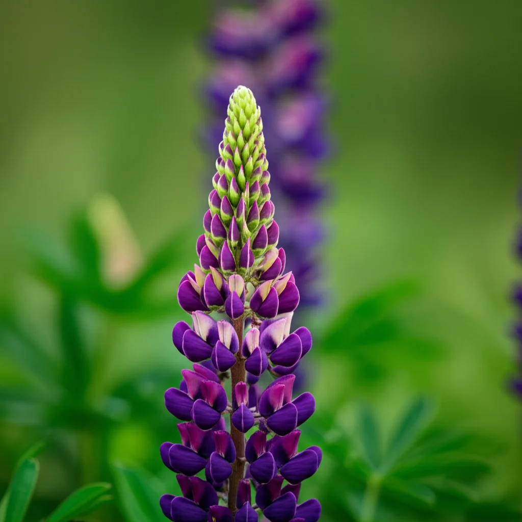 Macro shot di un fiore di Lupinus hispanicus in piena fioritura, 100mm Macro lens, high detail, precise focusing, controlled lighting, sfondo leggermente sfocato per enfatizzare il soggetto.