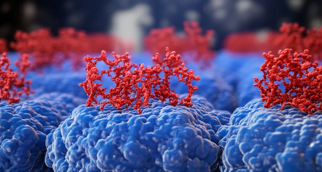 Visualizzazione 3D astratta di un recettore oppioide µ sulla membrana cellulare, con molecole di Carfentanil (rosse, piccole) che si legano in modo molto efficiente rispetto a molecole di Morfina (blu, più grandi) che richiedono più recettori per lo stesso effetto. Macro lens 90mm, high detail, precise focusing, sfondo scuro con effetto bokeh.