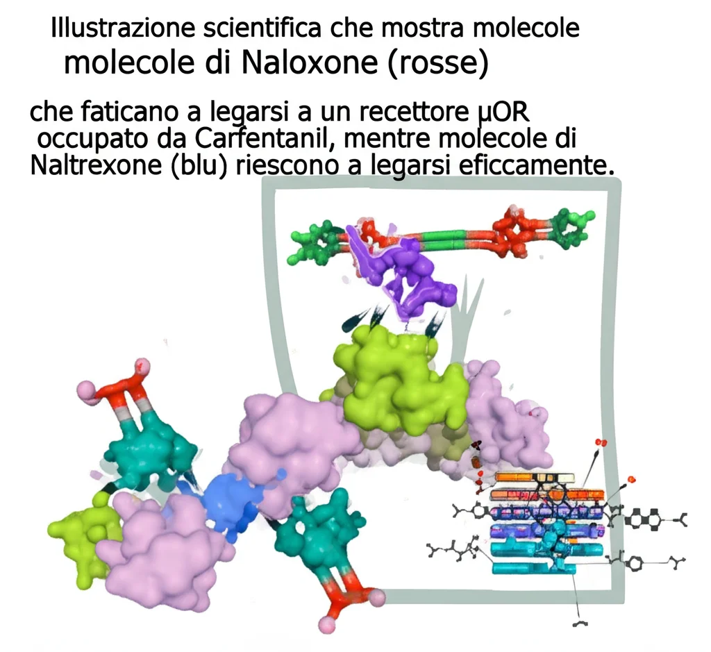 Illustrazione scientifica che mostra molecole di Naloxone (rosse) che faticano a legarsi a un recettore µOR occupato da Carfentanil, mentre molecole di Naltrexone (blu) riescono a legarsi efficacemente. Stile grafico pulito, sfondo bianco, focus sui recettori e le molecole.