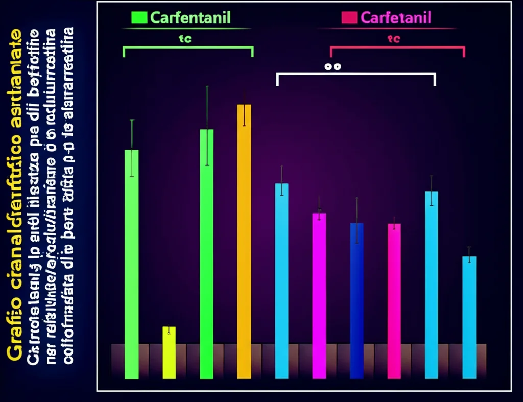 Grafico scientifico astratto che mostra la barra del Carfentanil molto alta per l'inibizione del cAMP e la fosforilazione del recettore/reclutamento di beta-arrestina, ma relativamente più bassa per la fosforilazione di ERK-1/2, confrontata con altre barre di oppioidi più bilanciate. Colori vivaci su sfondo scuro, effetto neon.