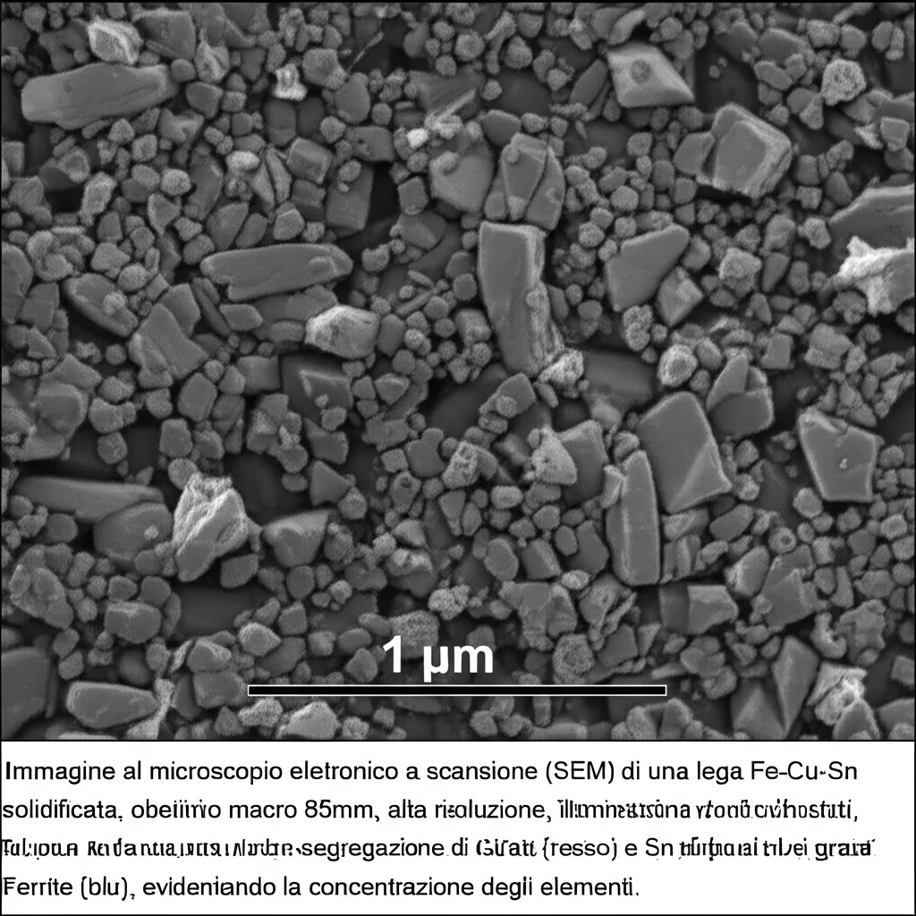 Immagine al microscopio elettronico a scansione (SEM) di una lega Fe-Cu-Sn solidificata, obiettivo macro 85mm, alta risoluzione, illuminazione controllata, che mostra chiaramente la micro-segregazione di Cu (rosso) e Sn (giallo) ai bordi dei grani di Ferrite (blu), evidenziando la concentrazione degli elementi.