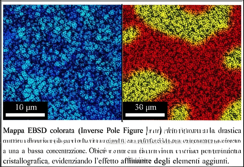 Mappa EBSD colorata (Inverse Pole Figure) che mostra la drastica riduzione della dimensione dei grani di ferrite in una lega Fe-Cu-Sn ad alta concentrazione rispetto a una a bassa concentrazione. Obiettivo macro 60mm, alta risoluzione, colori vivaci per l'orientazione cristallografica, evidenziando l'effetto affinante degli elementi aggiunti.