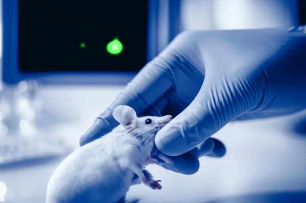 Immagine fotorealistica, contesto di ricerca medica, primo piano di una scansione di imaging bioluminescente (BLI) di un cervello di topo che mostra un segnale tumorale ridotto (radianza) in risposta alla terapia di combinazione (adgrasib + abemaciclib), dettagli elevati, illuminazione controllata, duotono blu e grigio per la sensazione clinica, 35 mm di profondità della lente effetto sul campo.