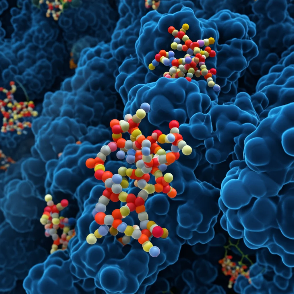 Visualizzazione fotorealistica, stile di rendering 3D, che mostra molecole di farmaci adAgasib e abemaciclib che interagiscono con proteine di trasporto cellulare (come la glicoproteina p) all'interfaccia barriera emato-encefalica, elevati dettagli, estetica dellustrativa scientifica, estetica del illustrazione scientifica, sottili effetti di bagliore che indicano attività, prospettiva macro lente, lunghezza focale di 100mm.
