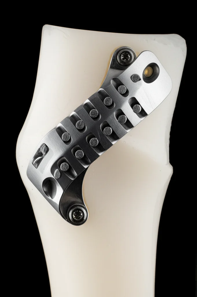 Primo piano di una placca ortopedica in titanio posizionata su un modello di femore distale, obiettivo macro 90mm, illuminazione da studio controllata per evidenziare i dettagli della placca e dell'osso sintetico.