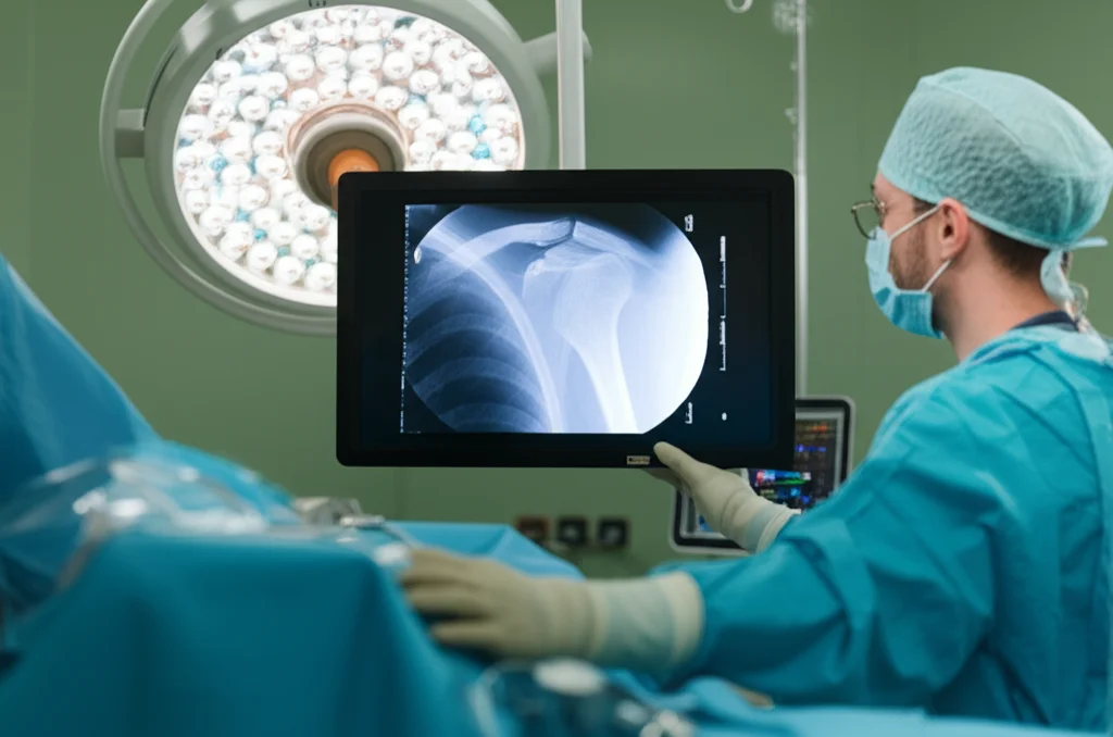 Chirurgo ortopedico in sala operatoria che esamina una radiografia intraoperatoria su schermo, immagine C-arm visibile, luce chirurgica intensa, profondità di campo ridotta per focalizzare sul chirurgo e lo schermo, obiettivo 35mm.