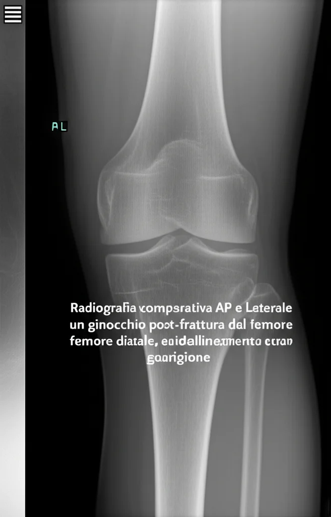 Radiografia comparativa AP e Laterale di un ginocchio post-frattura del femore distale, evidenziando l'allineamento osseo e la guarigione, immagine medica ad alta definizione, sfondo neutro.