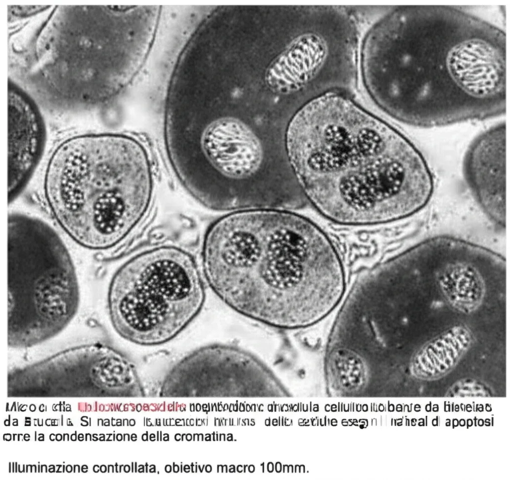 Micrografia elettronica ad alta risoluzione di cellule trofoblastiche bovine infettate da Brucella. Si notano i batteri all'interno delle cellule e segni iniziali di apoptosi come la condensazione della cromatina. Illuminazione controllata, obiettivo macro 100mm.