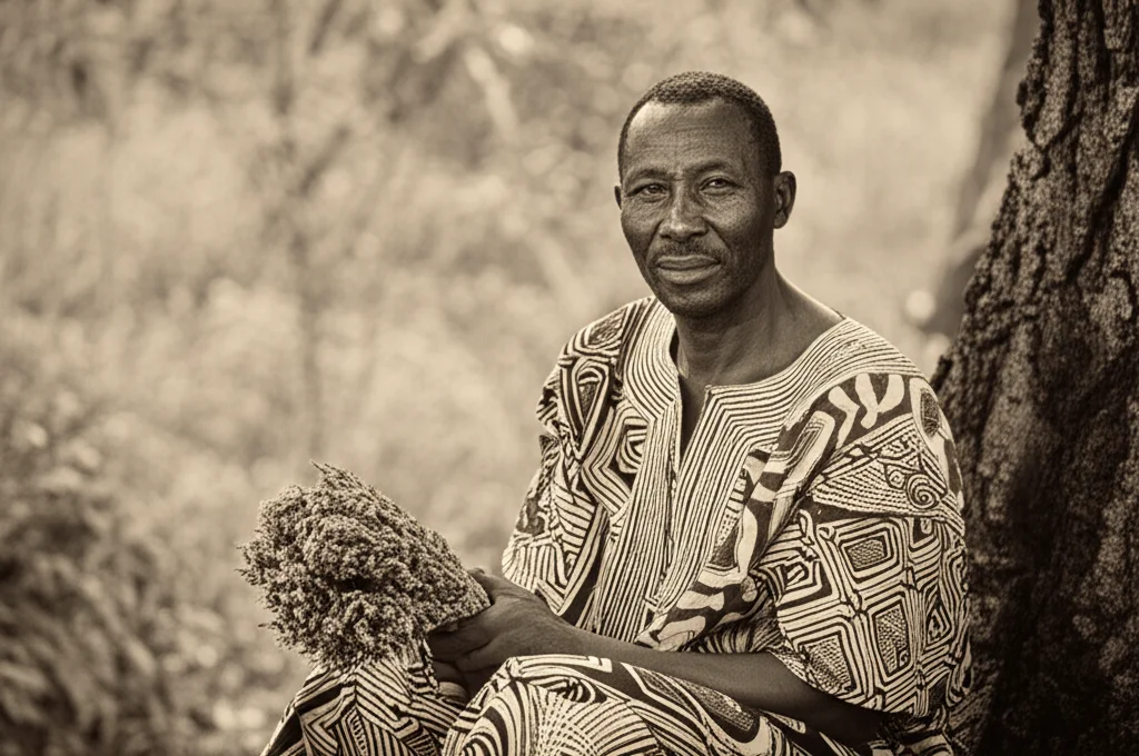 Ritratto fotografico di un guaritore tradizionale anziano del Congo, forse del gruppo etnico Luba, seduto all'ombra di un albero. Indossa abiti tradizionali colorati e tiene in mano un fascio di erbe medicinali essiccate. Obiettivo prime 35mm, profondità di campo ridotta per sfocare lo sfondo della vegetazione lussureggiante, luce naturale calda del tardo pomeriggio, espressione saggia e serena, toni duotone seppia e ocra.