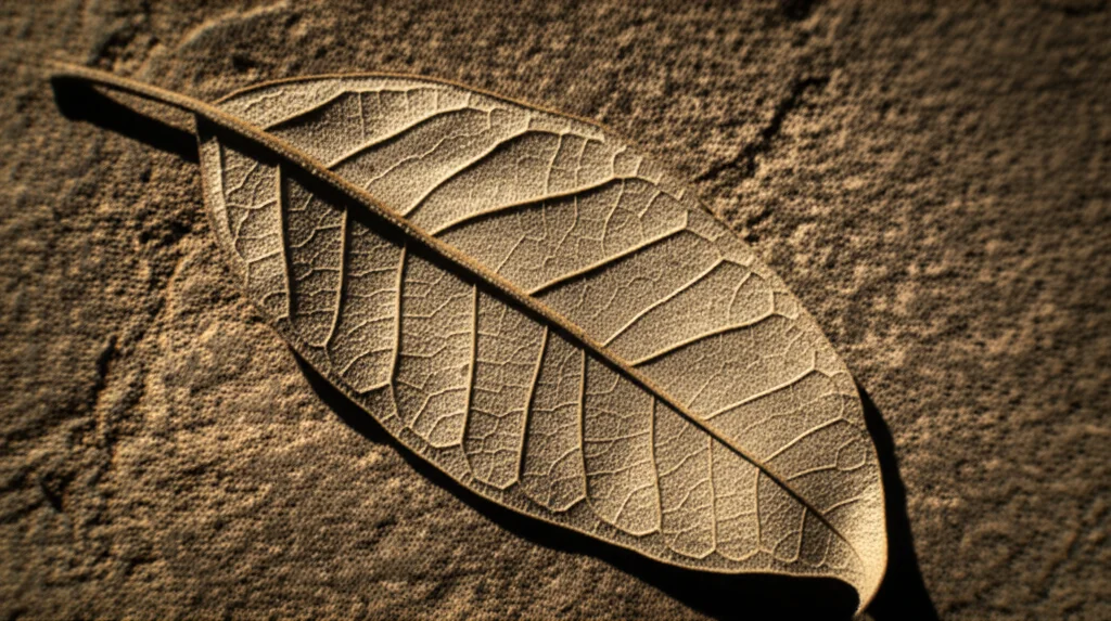 Fotografia macro di foglie essiccate e corteccia di Zanthoxylum chalybeum disposte su una superficie di pietra grezza. Obiettivo macro 90mm, alta definizione dei dettagli della texture legnosa e delle nervature fogliari, illuminazione laterale controllata per creare ombre profonde, messa a fuoco precisa su una porzione della corteccia, colori naturali e terrosi.