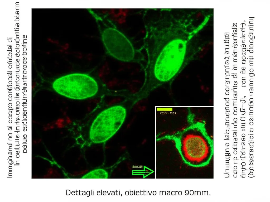 Immagine al microscopio confocale di mitocondri in cellule trofoblastiche bovine. Cellule trattate con inibitore SIRT2 (AGK2) dopo infezione da Brucella mostrano un potenziale di membrana ridotto (visualizzato con colorante JC-1, passaggio da rosso a verde), indicando danno mitocondriale. Dettagli elevati, obiettivo macro 90mm.