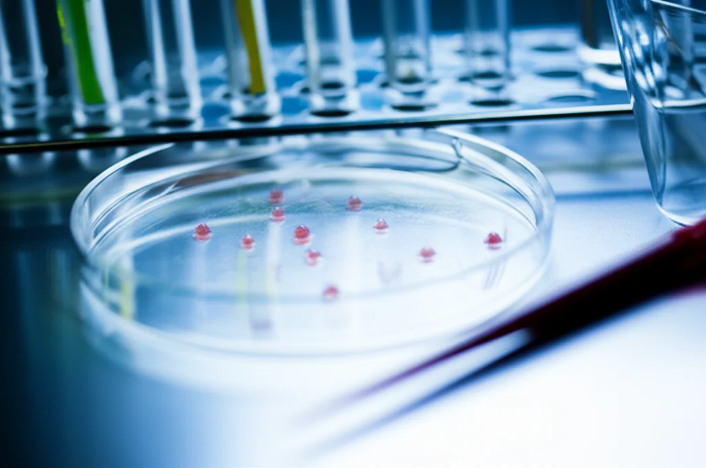 Still life in un laboratorio di ricerca: una piastra di Petri con colonie di Mycobacterium bovis BCG coltivate su terreno 7H11, accanto a provette contenenti estratti vegetali colorati e una pipetta. Obiettivo macro 60mm, messa a fuoco precisa sulle colonie batteriche, illuminazione da laboratorio chiara e uniforme, alta definizione dei dettagli, sfondo sfocato con altre attrezzature da laboratorio.