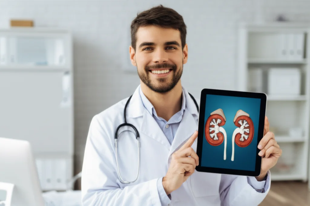 Fotografia stile ritratto di un medico pediatra sorridente e rassicurante che mostra un tablet con una ricostruzione 3D colorata dei reni. Lente prime 35mm, profondità di campo ridotta per mettere a fuoco il medico e il tablet, sfondo leggermente sfocato di uno studio medico accogliente, toni caldi.