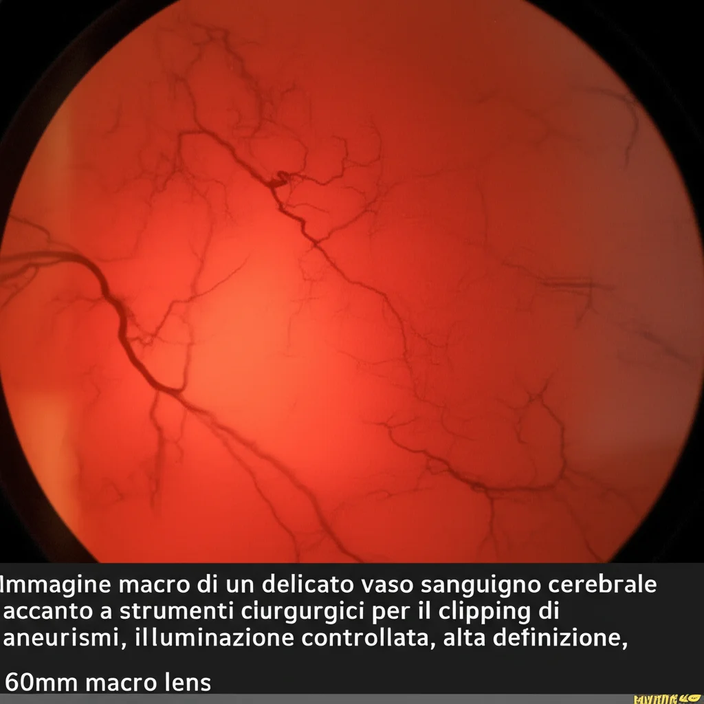 Immagine macro di un delicato vaso sanguigno cerebrale accanto a strumenti chirurgici per il clipping di aneurismi, illuminazione controllata, alta definizione, 60mm macro lens