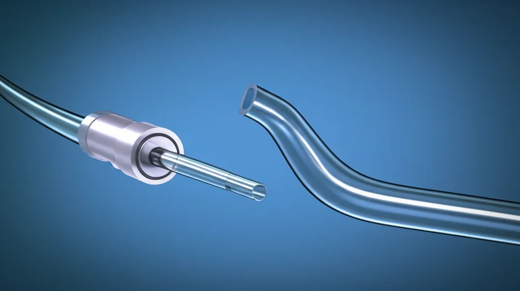 Visualizzazione 3D fotorealistica di un catetere endovascolare che naviga attraverso un arco aortico di tipo 3 tortuoso verso le arterie cerebrali, focus nitido, profondità di campo