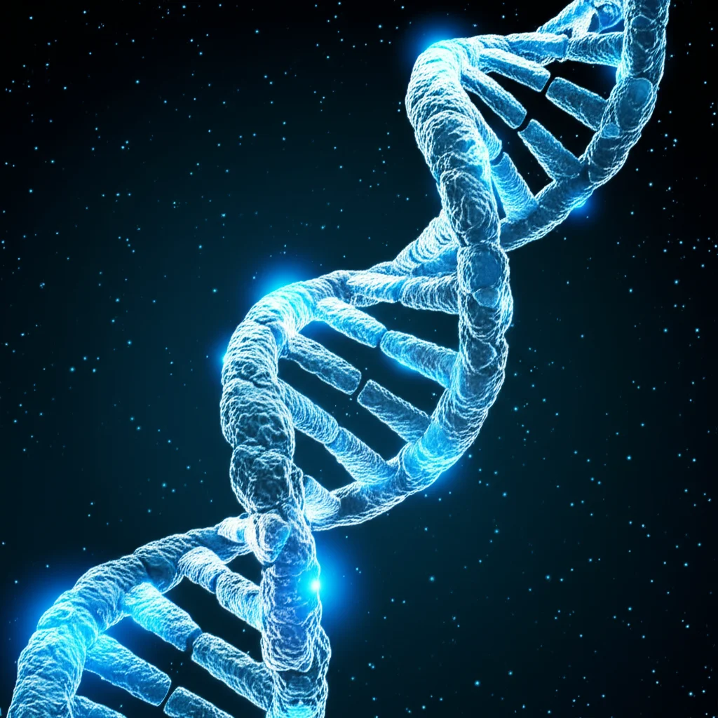 Visualizzazione artistica di una doppia elica di DNA con geni specifici evidenziati in blu brillante, che simboleggiano l'attivazione genica, su uno sfondo scuro astratto.