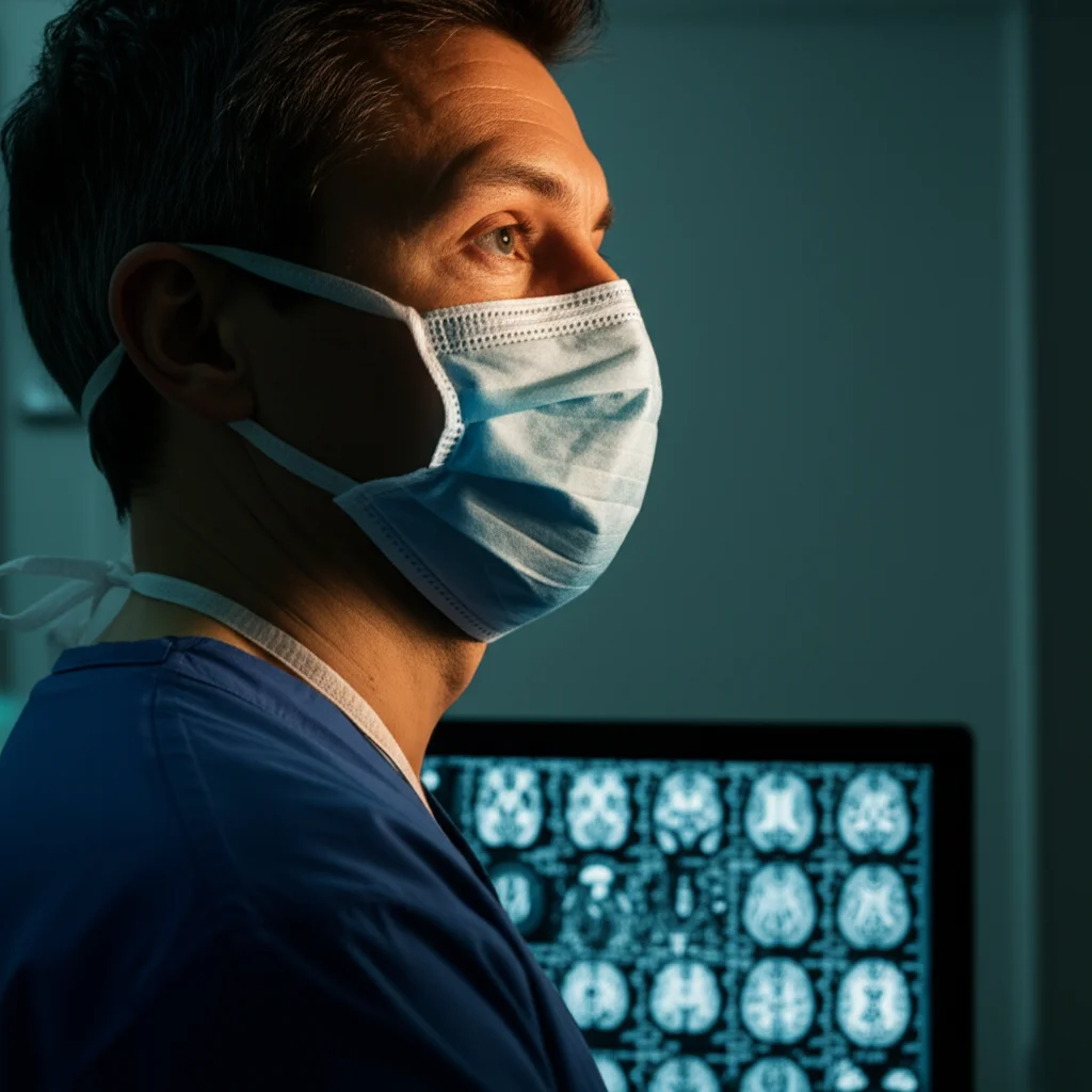 Ritratto di un neurochirurgo concentrato che esamina una scansione cerebrale post-operatoria su uno schermo ad alta definizione, luce soffusa, profondità di campo, 35mm prime lens