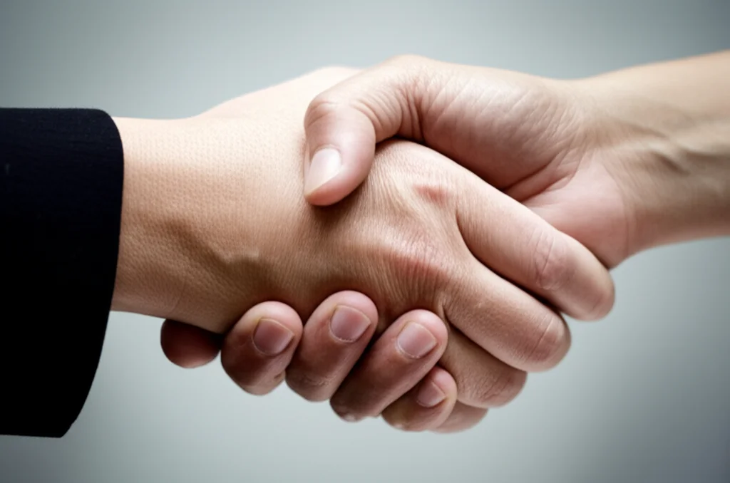 Un primo piano macro di due persone che si stringono la mano, simboleggiando un contratto sociale o un accordo basato sulla fiducia. Obiettivo macro 100mm, illuminazione controllata, alta definizione per mostrare la texture della pelle e il dettaglio della stretta.