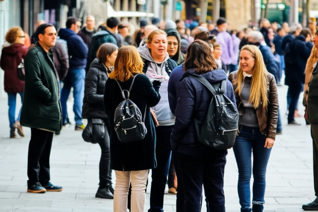 Fotografia grandangolare 24mm di una folla diversificata di persone che interagiscono in uno spazio pubblico, alcune conversano, altre osservano. L'immagine suggerisce il monitoraggio sociale collettivo e la comunicazione all'interno di una comunità. Profondità di campo per mantenere a fuoco sia i primi piani che lo sfondo.