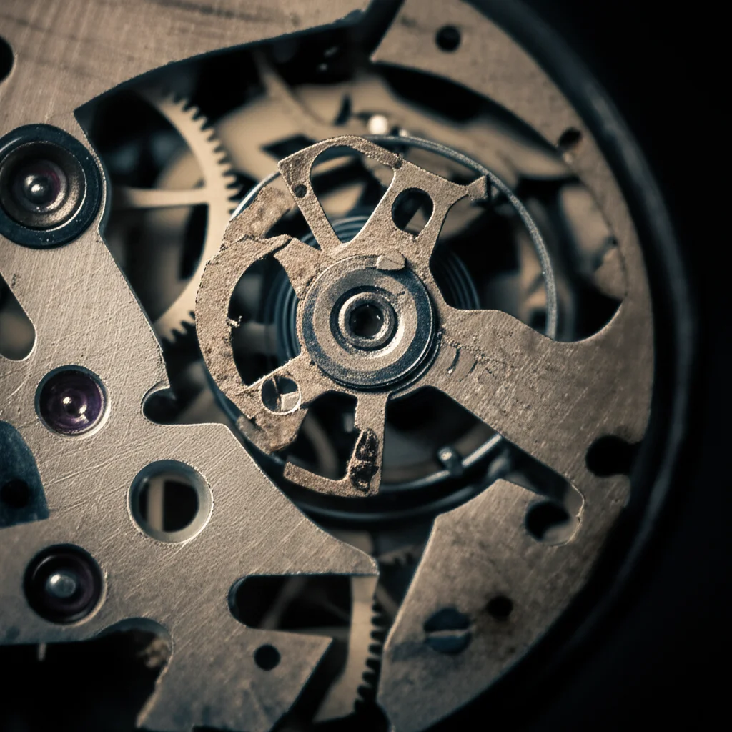 Primo piano macro di un ingranaggio arrugginito incastrato in un meccanismo complesso di orologio, illuminazione drammatica laterale con forti ombre, profondità di campo ridotta che sfoca lo sfondo, lente macro 100mm, colori seppia e blu duotone, a simboleggiare il blocco o la disfunzione del sistema formativo a causa del controllo indiretto.