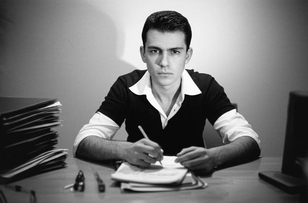 Ritratto di un giovane apprendista dall'aria stressata e confusa, seduto a una scrivania ingombra di manuali e attrezzi, guarda verso la telecamera con espressione dubbiosa, luce fredda dall'alto, stile documentaristico, bianco e nero, lente 35mm, a rappresentare l'incertezza e la potenziale intenzione di abbandono.