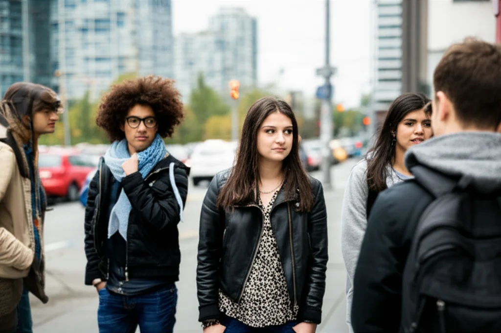 Fotografia ritratto, stile fotogiornalistico, gruppo multietnico di adolescenti in un contesto urbano canadese come Vancouver, alcuni sorridenti, altri pensierosi che interagiscono tra loro, luce naturale diffusa tipica del Pacific Northwest, obiettivo 35mm, profondità di campo media per includere dettagli dell'ambiente urbano sullo sfondo.