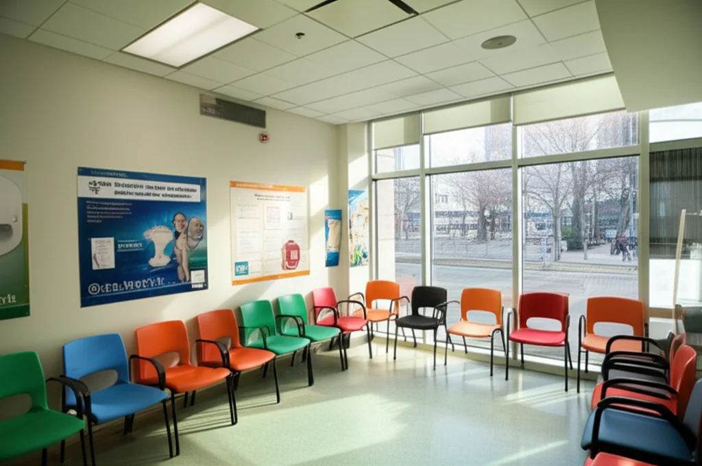 Fotografia di interni, sala d'attesa luminosa di un centro di salute comunitario in una città canadese, sedie colorate disposte ordinatamente, poster informativi multilingue sulla salute mentale e sui servizi disponibili appesi alle pareti, luce naturale da una grande finestra, obiettivo grandangolare 24mm, messa a fuoco nitida su tutta la scena.